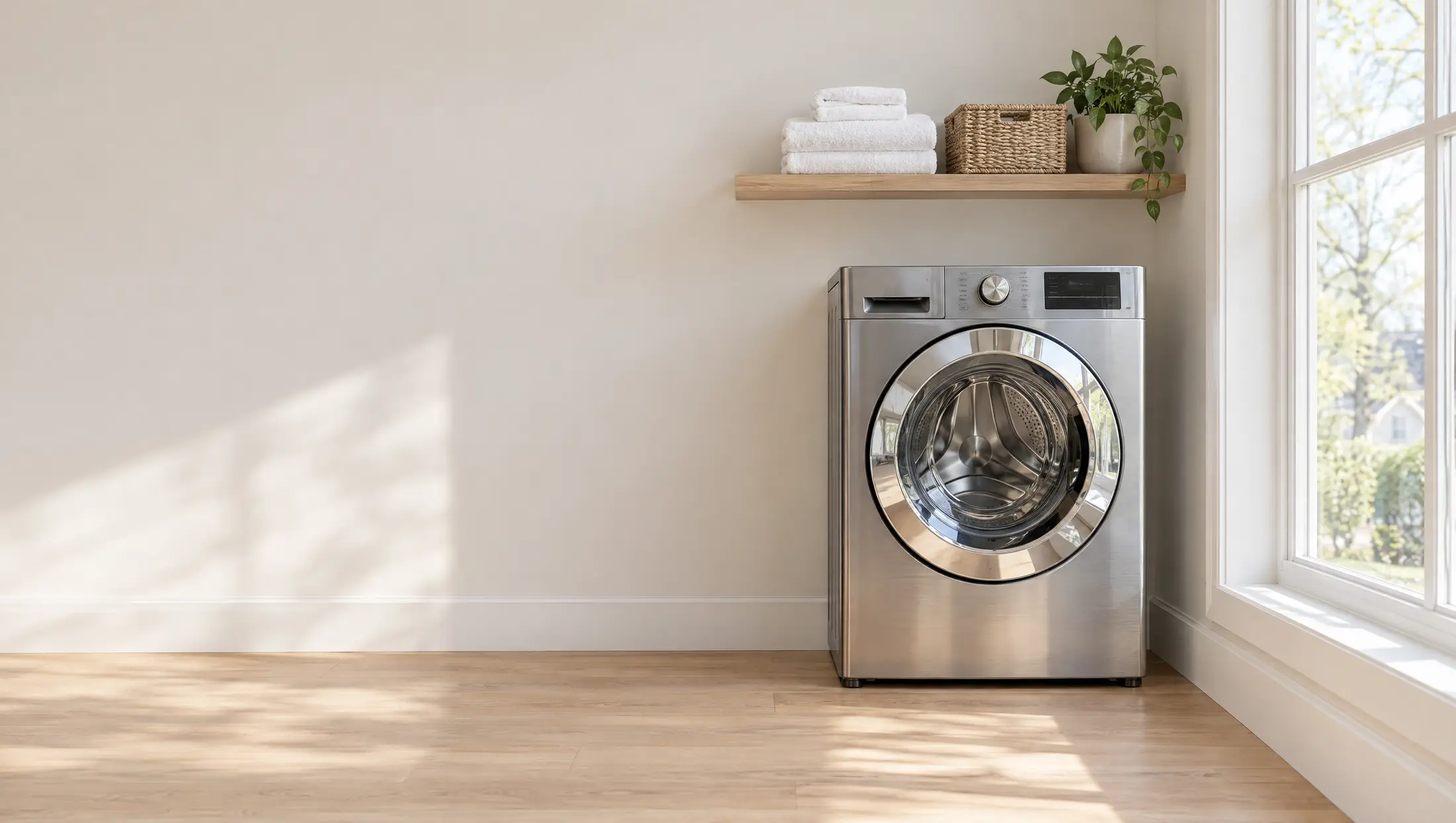 A bright laundry room with a stainless front-load washer