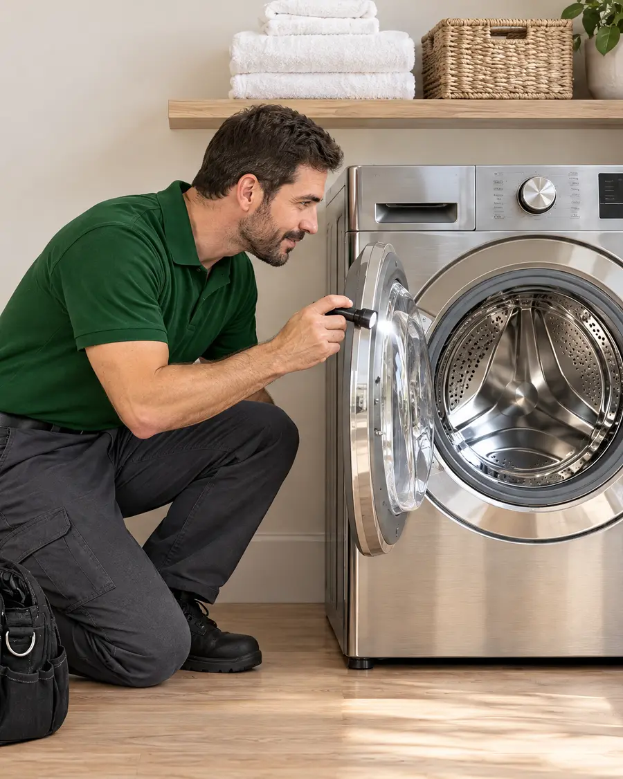 An E&A technician inspecting a washer with a flashlight