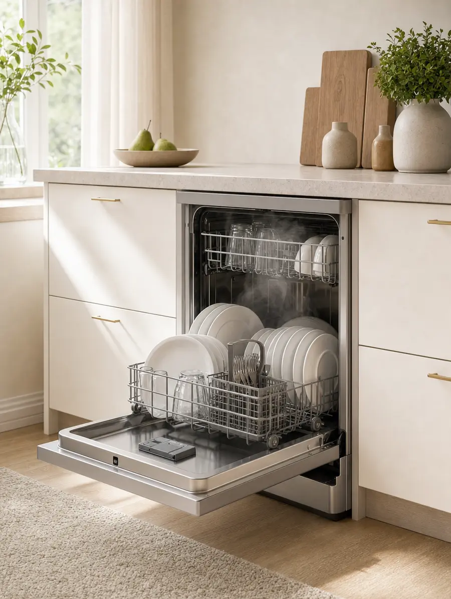 An open dishwasher with clean plates