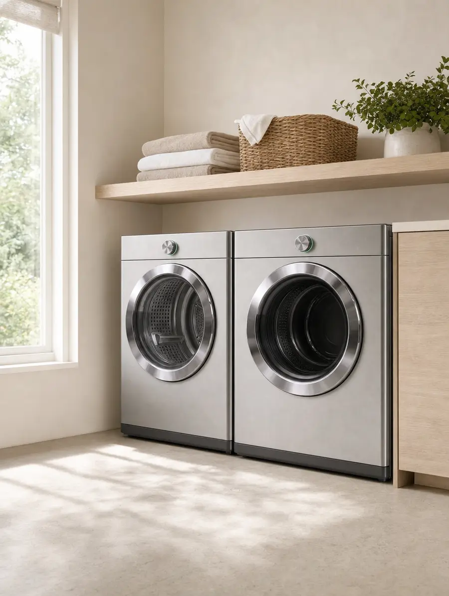 A washer and dryer in a bright laundry room