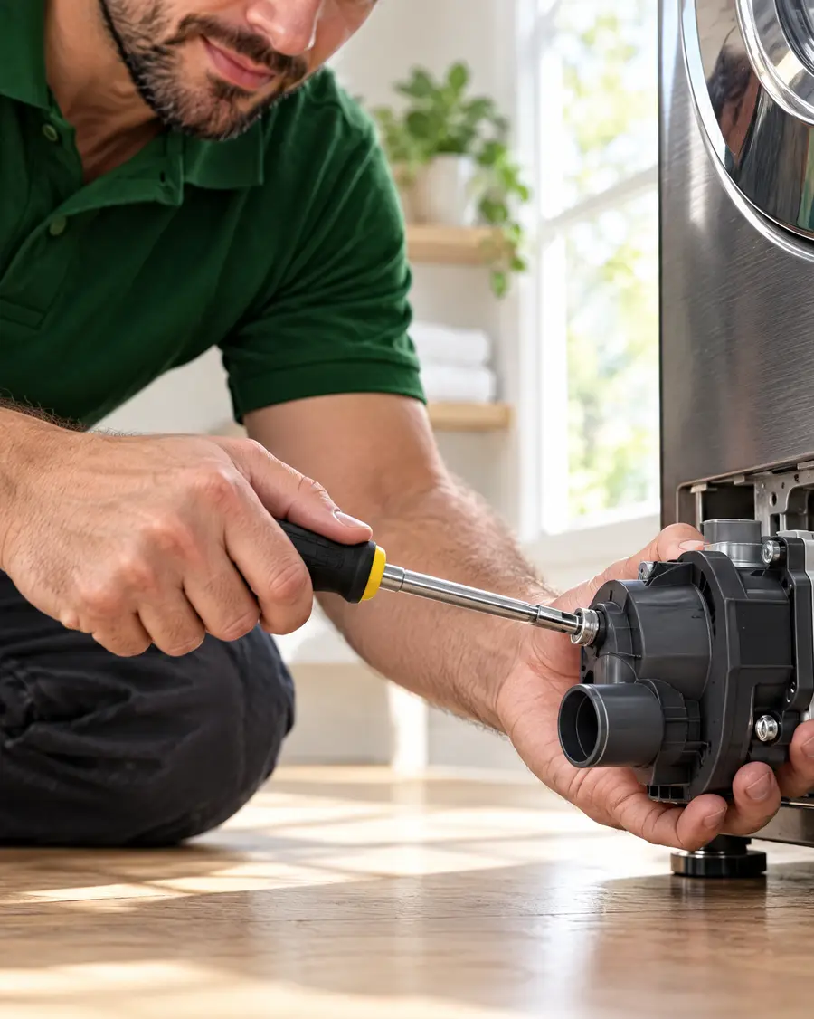 Technician fitting a new drain pump