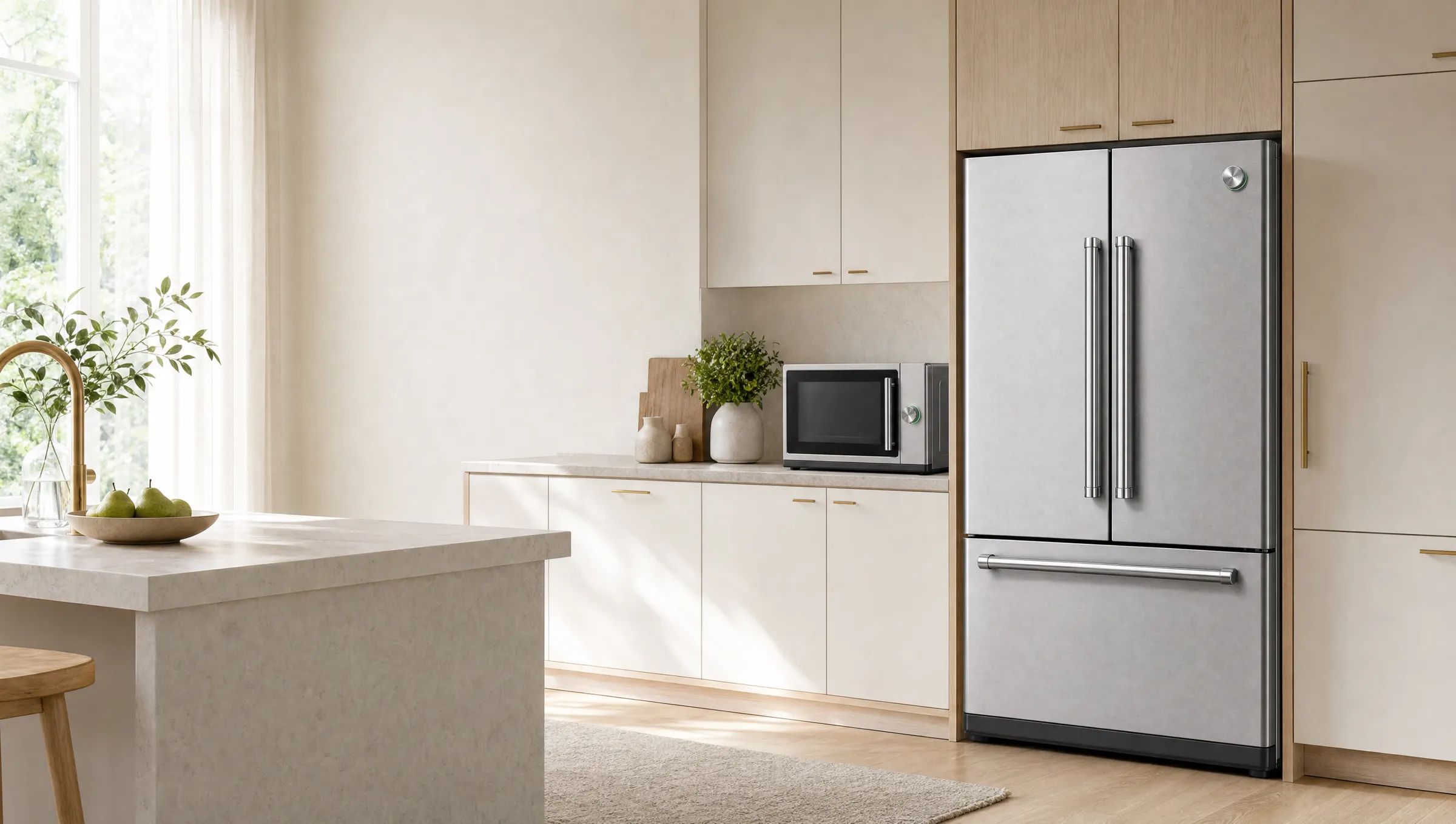 A bright Northern Virginia kitchen with a stainless refrigerator, range and microwave