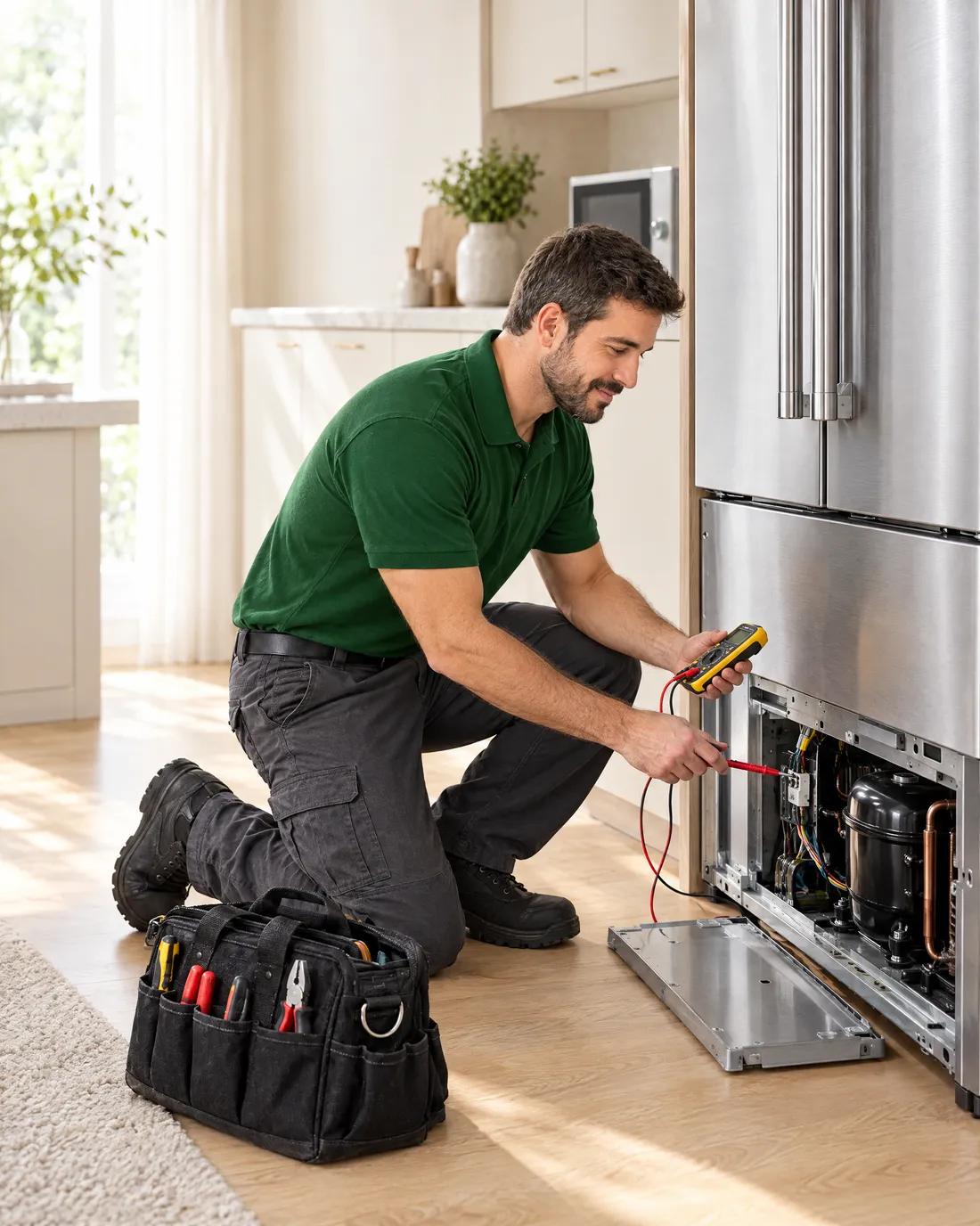 Technician testing a refrigerator with a multimeter