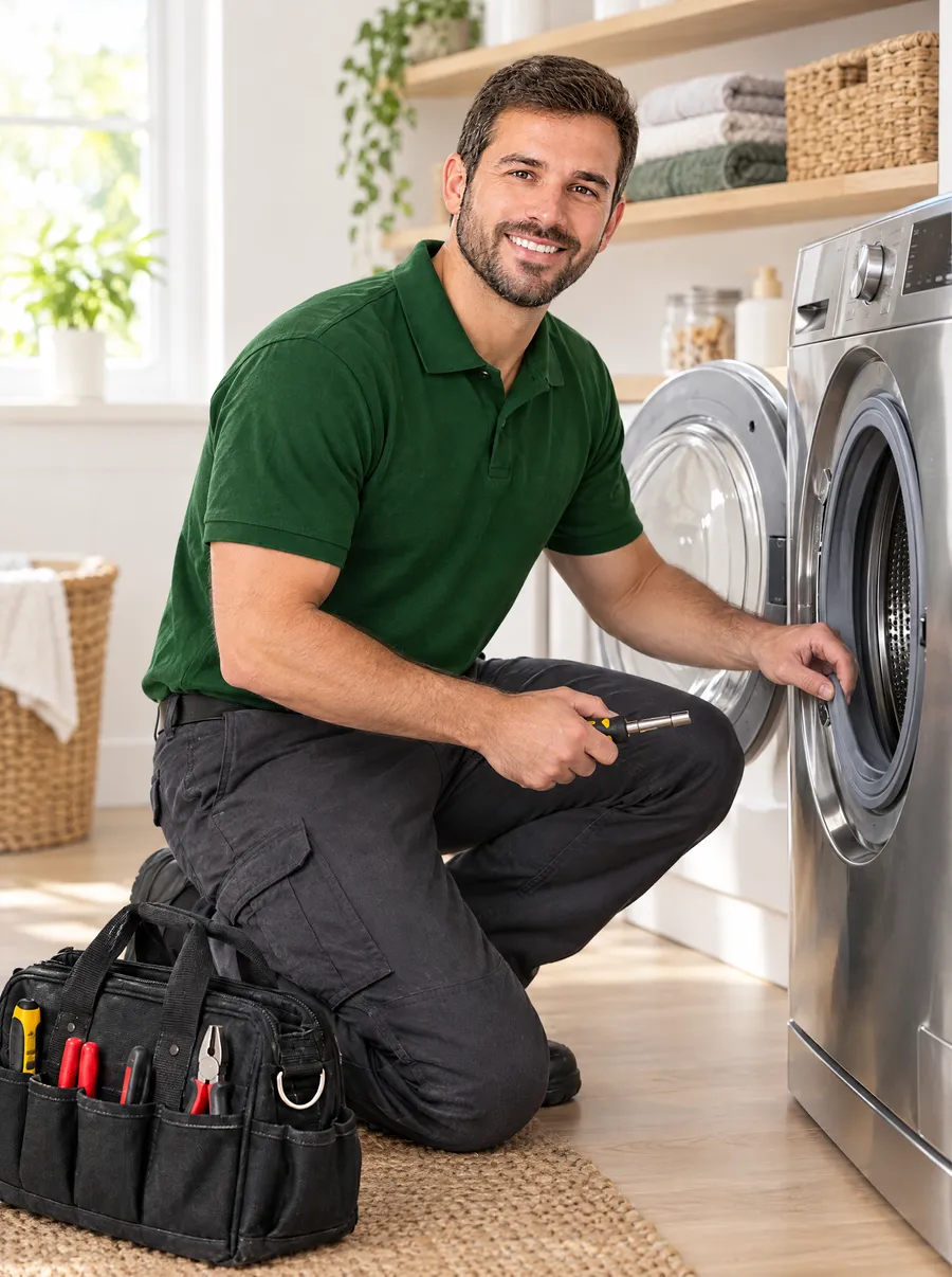 Technician checking a washer's door seal
